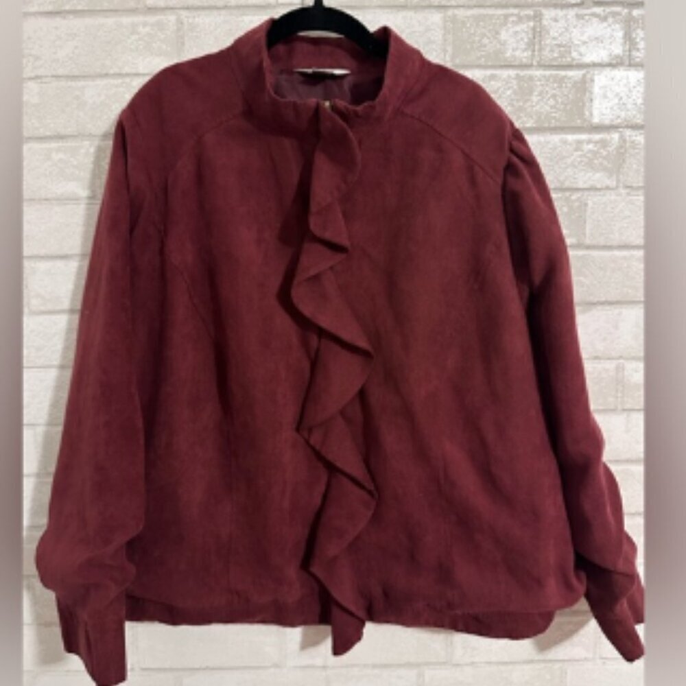 CJ Banks Jacket Women's 2X Burgundy Full Zip Ruffle Front Faux Suede